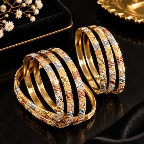 Trio Color Bangles Set – Pack of 7 | Diamond Cut Stack